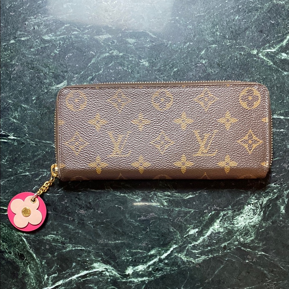 Louis Vuitton Monogram Zippy Wallet with Pink Flower Charm